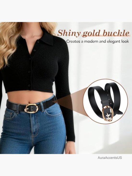 3 Pack Women\'s Leather Belts with Gold Liquid Buckle for Jeans & Dresses main image 4